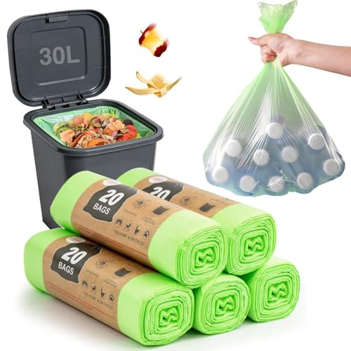 Bolsas de basura compostables de 30 L, 100 bolsas de basura biodegradables para cocina, baño, oficina, hogar, jardín, mascotas