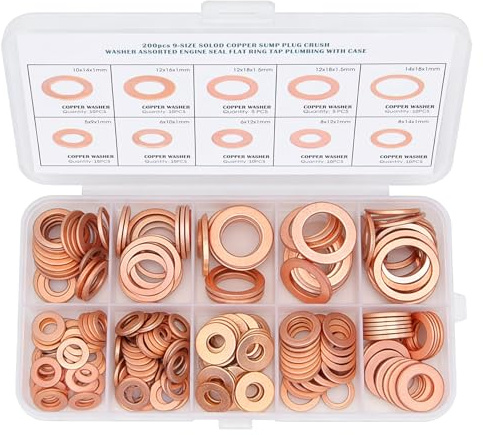 Kit surtido de 100 arandelas de cobre, 9 tamaños métricas planas con caja de almacenamiento - M5, M6, M8, M10, M12, M14 - Junta de tapón de sumidero y arandelas de aplastamiento