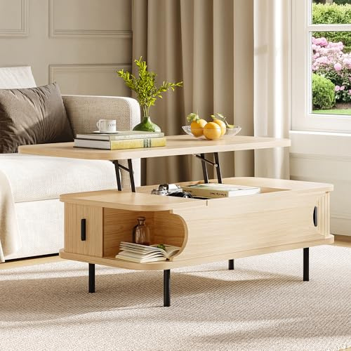 IRONCK Couchtisch höhenverstellbar, Wohnzimmertisch mit Stauraum, Holz Kaffeetisch mit Schiebetüren, verstecktes Fach, offenes Fach, für kleine Räume, Wohnzimmer, Homeoffice, 101x51x52cm, Eiche Hell
