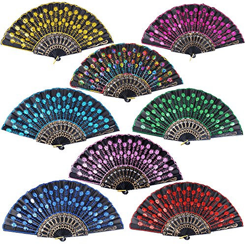 8 Stück Handfächer Fächer Falten Fans Faltfächer Klappfächer Taschenfächer Japanische Fächer mit Pailletten für Wanddekoration Geschenke Hochzeit Kostüm Karneval (23.5cm*43cm)