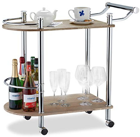 Relaxdays Chariot de Service à 2 Étages, Optique Bois, MDF & Acier, 4 Roues, Poignée, Desserte de Bar, 76x39x82cm, Marron