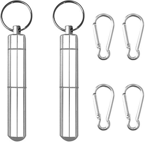 2 Set Aluminum Toothpick Holder with 4 Pack Keychain, Portable Alloy Pocket Waterproof Box Metal Pill Toothpick Case and Buckles for Travel Picnic and Camping, 3 x 0.6 Inch, Silver