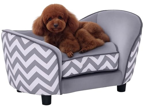 PawHut Sofá para Mascotas Sofá Acolchado para Perros y Gatos de Madera Cama Elevada para Perros y Gatos con Cojín Grueso Patas y Bolsillo de Almacenaje 68,5x40,5x40,5 cm Gris