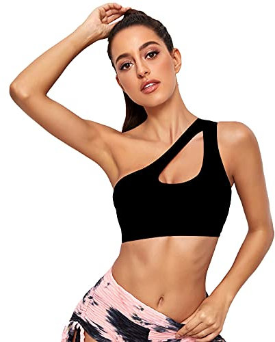 Vertvie Damen One Shoulder Sport BH Sexy Bügellos Workout Bra Gepolstert Tank BH Push Up Bequem Yoga Bralette Fitness Training Mittlere Unterstützung(Schwarz，M)