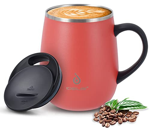 Ideus 16oz Insulated Coffee Mug with Handle & Lid (Jellyfish Red, Fuji Dawn) | Double Wall Stainless Steel Vacuum Thermal Coffee Mug, Travel Coffee Cup Thermal Cup for Home and Office