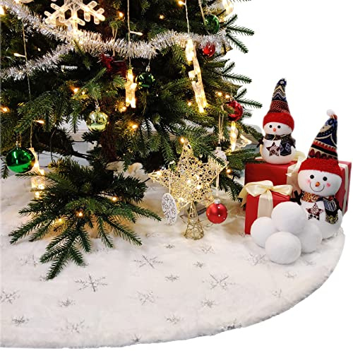 Climafusion Weihnachtsbaum Decke rund 90cm Durchmesser, Weihnachtsbaum Unterlage Teppich, Christbaumdecke mit Silberne Schneeflocken