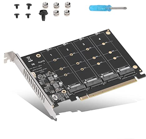 PCIE Expansion Card, M.2 NVME SSD to PCI-E 4.0 X16 Adapter, 4 Port NVMe to PCI-E Host Controller Expansion Card, 4x32Gbps Soft Raid Card with Individual LED Indicator, M Key Hard Drive Reader