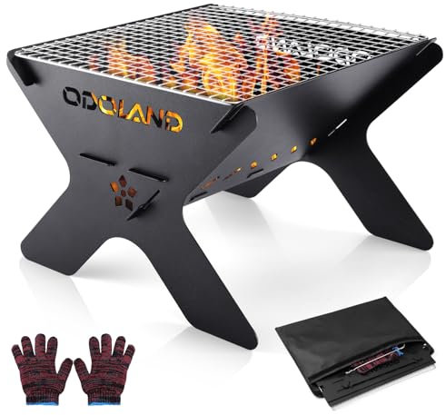 Odoland Braciere da Esterno 20.7x29x29.5cm, Fossa del Fuoco a Legna, Griglia per Barbecue in Metallo per Giardino e Cortile, Fornello a Legno da Campeggio con Borsa Portatile