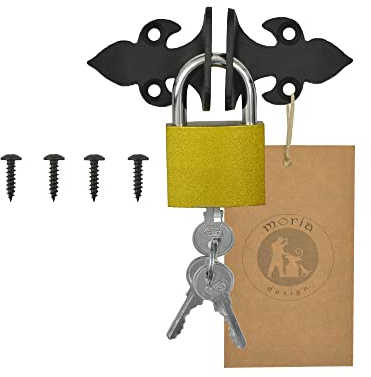 MORIA DESIGN Überfalle mit Vorhängeschloss 6,5 cm Schwarz für Gartentor | Stahl Torriegel, Schmiedeeisen, Türverriegelung, Schlagladenüberwurf, Terrassentür, Schranktüren, Gartentor, Scheunen, Deko