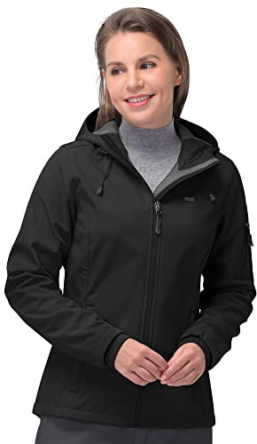 33,000ft Softshelljacke Damen Wasserdichte Atmungsaktive Warme Winterjacke Fleece Übergangsjacke Winddichte Funktionsjacke mit Kapuze Schwarz 2XL
