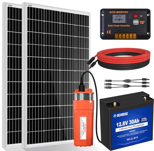 DCHOUSE Kit de pompes à eau solaire avec batterie de secours - Pompe à eau solaire 12V + kit de panneau solaire 200W + batterie 30 Ah pour puits, irrigation, réservoir d'eau de remplissage