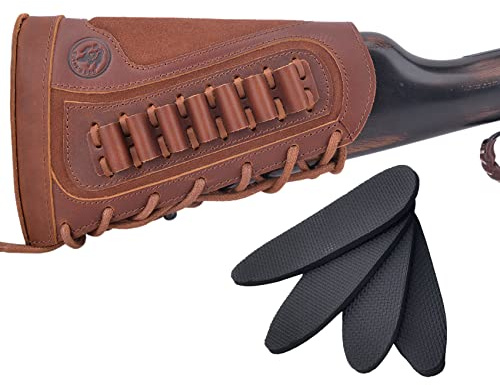 Leather Gun Buttstock Ammo Holder for .357 .30-30 Winchester .38 .32Win Cheeck Rest Pad Pouches (Brown for Right-Handed)