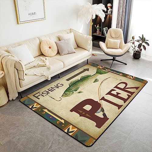 Homewish Tappeto da pesca 100 x 150 cm, tappeto per pescatore, bohémien, retrò, canna da pesca, per soggiorno, esotico, azteco, animali selvatici, vintage, marrone, antiscivolo, lavabile, tappeto