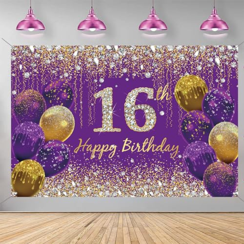 16. Geburtstag Deko für Mädchen, Lila Glitzer Flecken Stoff Schild Plakat Geburtstag Party Dekoration, Hintergrund Banner Mädchen, 16 Geburtstagsfeier Deko