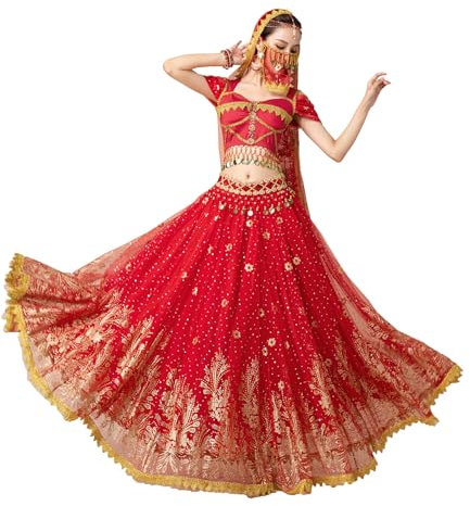 ORIDOOR Damen-Kostüm, indischer Aladdin, Jasmin, Prinzessin, Bauchtanz, Bollywood-Kostüme, 01-rot, S