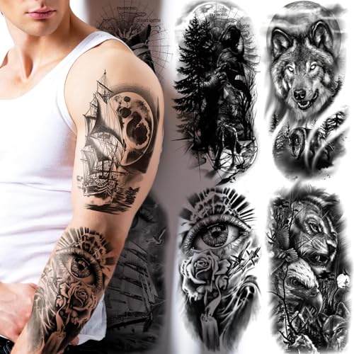 15 Feuilles de Grands Tatouages Temporaires Demi-Bras pour Femmes Hommes, 3D Loup Tigre Lion Faux Tatouages Réalistes pour Adultes, Imperméables Tatouages Temporaires Durables Avant-bras