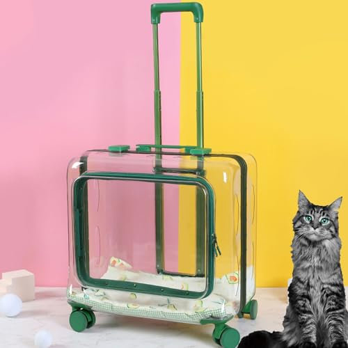 Stabile Katzenbox Transportbox Groß Katzen mit Teleskopgriff, Hunderucksack mit Rollen für Katzen Bis 14kg und Hunde Bis 11.5kg,50 * 28 * 45cm,Clear (Color : Green)
