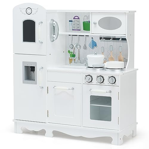 OLAKIDS Kids Kitchen Playset, Wooden Play Kitchen for Toddlers with Blackboard Telephone, Water Dispenser Fridge Stove Oven Sink, Pretend Play Toys Cooking Gift for Boys Girls