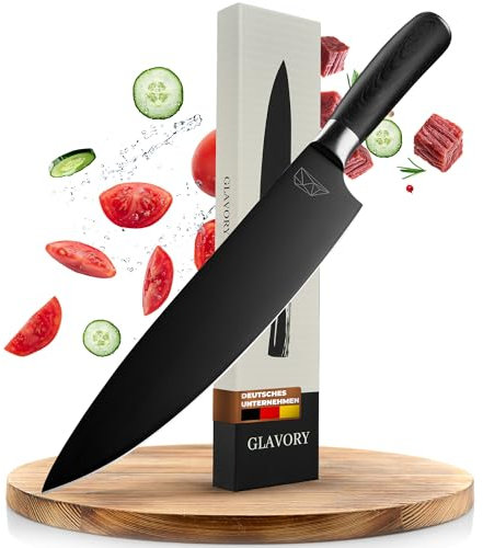 Glavory - Küchenmesser mit schwarzer Klinge und Holzgriff - 20cm Klinge - Kochmesser mit extrem scharfer Klinge - inclusive Geschenkverpackung