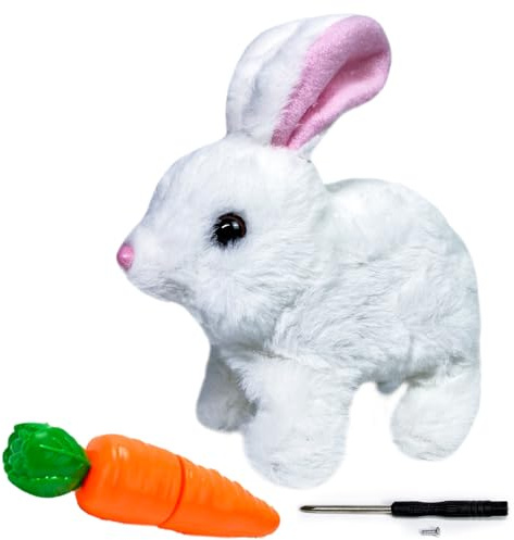 LYINUR Interactive Rabbit Toy with Carrot, Easter Bunny Toy Pet Hopping Plushie, Realistic Walking and Talking Jumping Rabbit Toys, Cute Funny Plush Stuffed Bunny Pal for Birthday, White