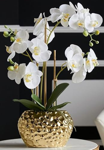 DAHLIASTUDIOS Kunstpflanze Orchidee Phalaenopsis mit Gold-farbigem Keramiktopf - ca. 53 cm hoch (weiß)