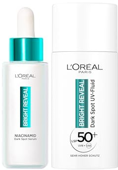 L'Oréal Paris Gesichtspflege-Set: Anti-Pigmentflecken Serum & UV Fluid LSF 50, Für strahlendere Haut und Schutz vor Pigmentflecken, Mit Niacinamid, AHA, Vitamin C & E, Bright Reveal, 2 x 50 ml