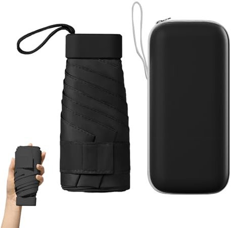 Mini Folding Umbrella, Portable UV Umbrella with Storage Box, 6 Ribs Mini Travel Sturdy Pocket Umbrella, Small Light-Weight Waterproof, Portable Compact Folding Umbrella for Women Men Girls, Black