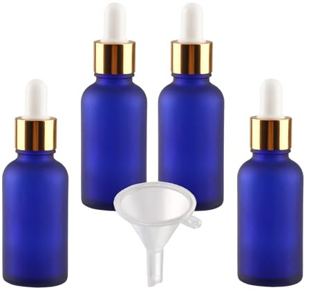 LusDoly 4 Stück 30ml Leere Matt Blau Glas Pipettenflasche,Glasflasche mit Gold Pipette, Stichprobe Glaspipette Tropfflasche für Aromatherapie ätherische Öle