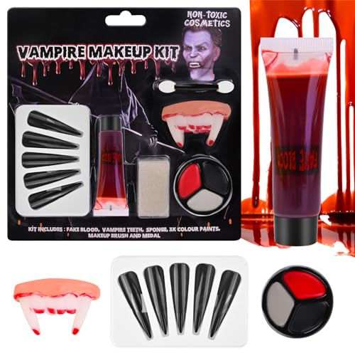 Halloween Schwarz Grau Rot Gesicht Körperfarbe, SFX Makeup Kit Halloween schminke set, Halloween Kunstblut, Vampirgebiss, Fingernägel Schwarze für Karneval, Halloween, Bühne, Verkleidung, Cosplay