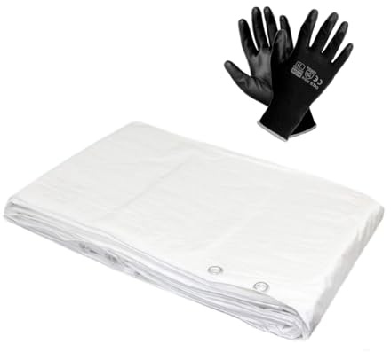 5 x 8 m Tarpaulin Cover - White 90GSM - Waterproof, Weatherproof, Frost-Resistant, UV Protection, Multipurpose, Universal Groundsheet and Pair of Work Gloves