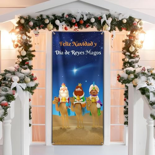 BETESSIN Decoración Navidad Puerta, 90x200cm Pancarta Feliz Navidad y Día de Reyes, Decoración Navideña Puerta de Entrada Pared Exterior Interior Photocall de Navidad Día de Reyes Magos