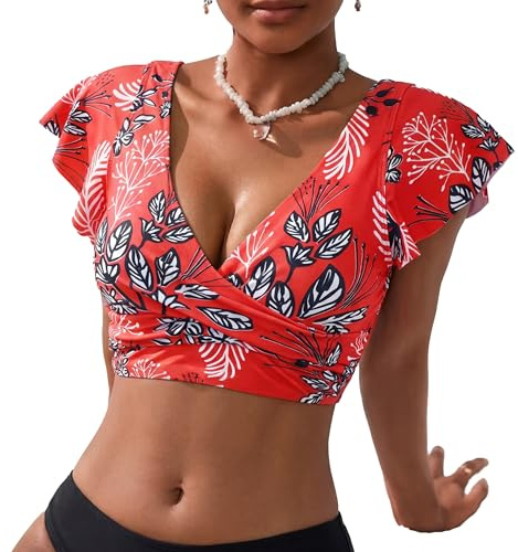 Hilor Damen-Bikinioberteil mit Bügel, kurzärmelig, Tankini, Badeanzüge, vorne gedreht, Push-Up-Badeanzug, nur Oberteil