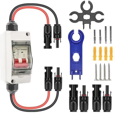 DC Trennschalter mit Leitungsschutzschalter für PV-Anlagen – 2-poliger Sicherungsautomat 32A/500V, 260mm Kabel, IP65 wasserdichtes Gehäuse – DC Schutzschalter für Solaranlagen