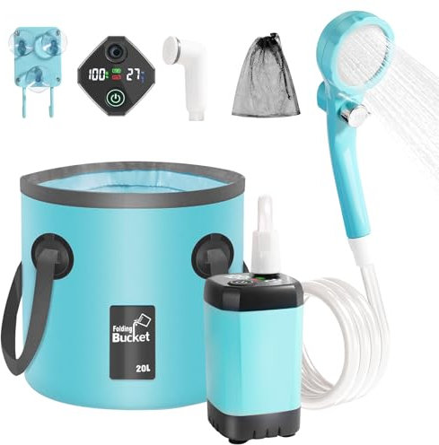 Kazaiou Portable Shower for Camping,6000mAh Rechargeable Camping Shower with Intelligent Display, 4 Spray Modes & 20L Collapsible Bucket, Electric Rechargeable Outdoor Camp Pump for Hiking, Camping