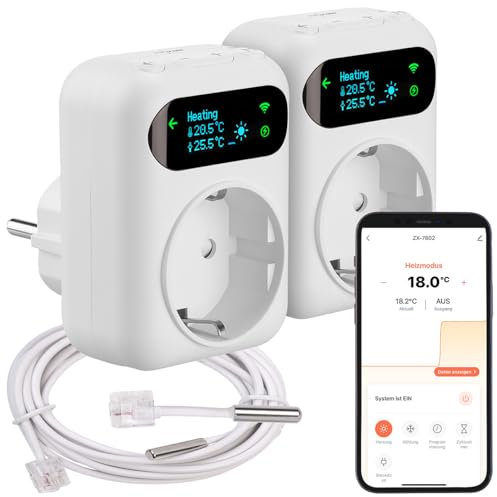 revolt WLAN-Thermostat Alexa: 2er-Set WLAN-Steckdosen-Thermostat, Heiz- & Klimageräte, App, Sensoren (Steckdosenthermostate, Steckdosenstecker, Luftentfeuchter)