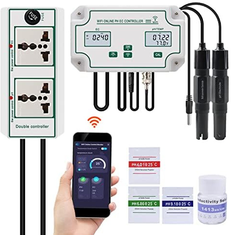 Yewhick 24/7 Online WiFi pH EC Monitor, EC PPM pH Mete Hydroponic Nutrients Smatr Monitor, APP Online Nutrient Meter with Data Logger Function for Nutrient Reservoir Water Tank DWC Indoor Garden