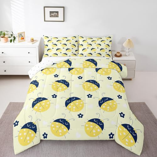 Juego de edredón infantil de mariquitas de dibujos animados, tamaño individual, 2 piezas, lindo juego de ropa de cama de mariquita azul y amarillo para niños, niñas y adolescentes, edredón acolchado