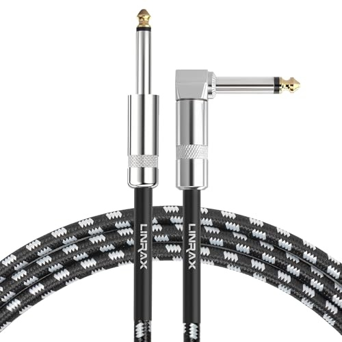 LINRAX Gitarrenkabel, Nylon Geflochten 6,35mm Audio Kabel, 3M Instrumentenkabel für E-Gitarre Bass Verstärker Lautsprecher Keyboard Mixer Equalizer E-Drum, 1/4 TS Gewinkelt/Gerade, Schwarz & Weiß