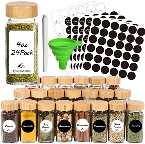 HYCKee 24 Pcs Spice Jars with Bamboo Lids 120ml Glass Spice Jars with Labels - Minimalist Blank Spice Labels Stickers, Black Labels Stickers, Collapsible Funnel