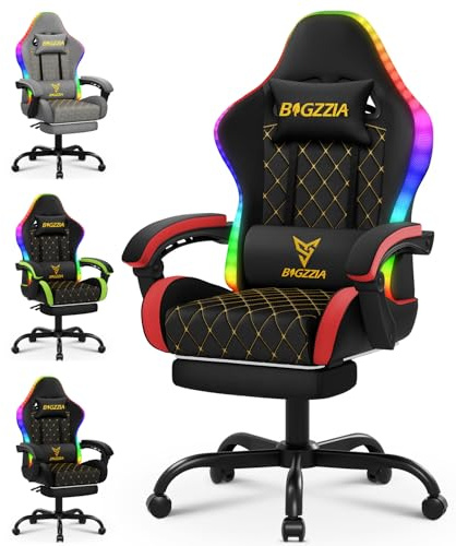 bigzzia Sedia Gaming con LED RGB, Sedia da Gaming Ergonomica con Supporto Lombare e Poggiapiedi, Sedie da Gioco Regolabile e Girevole con Una Capacità di Carico di 150 kg(Rosso)