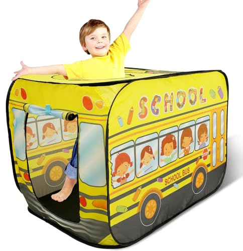Tienda de campaña para niños, 112 × 75 × 70 cm, con forma de autobús escolar, casa de juegos, juguete con 3 puertas, lavable de poliéster, para niños de 1 a 3 años de edad, interior y exterior