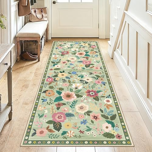 DEFYNEE Teppich Läufer Flur 60x180cm Hellgrün, Waschbar Teppichläufer | Boho Vintage Blumenmuster Läufer Teppiche, Waschbarer Rutschfester Kurzflor Weich für Küche Eingang Schlafzimmer & Korridor
