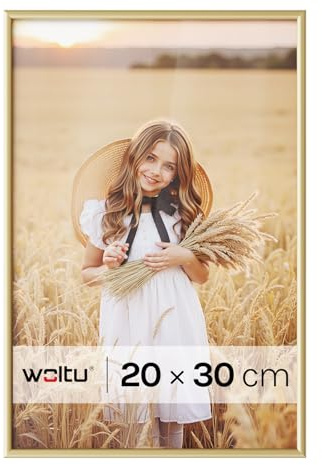 WOLTU Marco de Fotos 20x30 cm, Marcos para Cuadros de Aluminio Dorado, con Cartulina Blanca, Colgante o Sobre Mesa, Horizontal o Vertical, para Fotos Carteles Certificados, BR9955gd