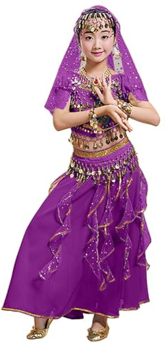 2026 Costume da Ballo LatinoAmericano Bambina con Pantaloni per Danza del Ventre Indianisch HalloweenCarnevale Vestito Belly Dancewaer Ragazza Principessa Araba Accessorio (Dark Purple-b, 3-4 Years)