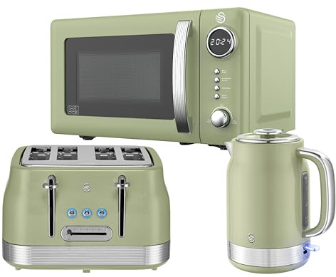 Swan Retro Revive Green Kitchen Appliance Bundle – 1.7L Rapid Boil Kettle, 4 Slice Toaster & 800W 20L Digital Microwave, Retro Gloss Finish with Chrome Accents