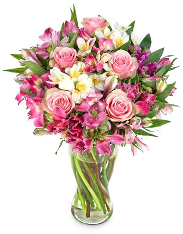 Peruvian Lily and Belle Rose's - Standard Fresh Flower Bouquet With Vase | Birthdays, Anniversaries, Thank You Gifts, Thinking of You, Delivered in Bud and Blooms in 48-72 Hours