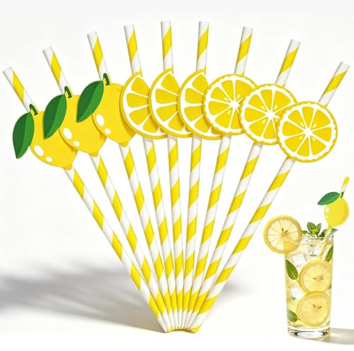 60 Pezzi Cannucce Cocktail in Carta con Decorazione Limone 3D, Cannuccia Monouso a Righe per Granita, Frullati, Succhi e Bevande Fredde, Accessori per Compleanno, Addio al Nubilato, Festa Estiva