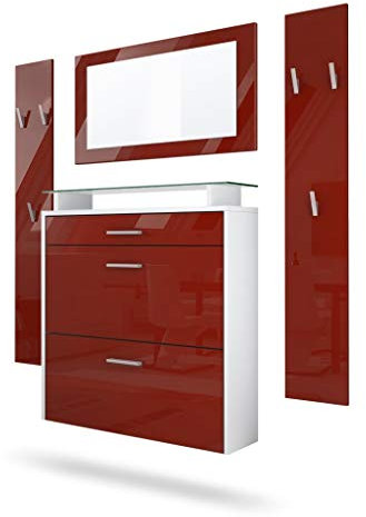 Vladon Garderobe Malea, Garderobenset bestehend aus 1 Hängeschuhschrank, 1 Wandspiegel und 2 Garderobenpaneele, Weiß matt/Schwarz Hochglanz