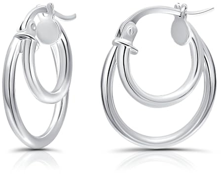 Hoops & Loops 925 Sterling Silver Double Circle Round-Tube Polished Click-Top Hoop Earrings for Women, 15mm