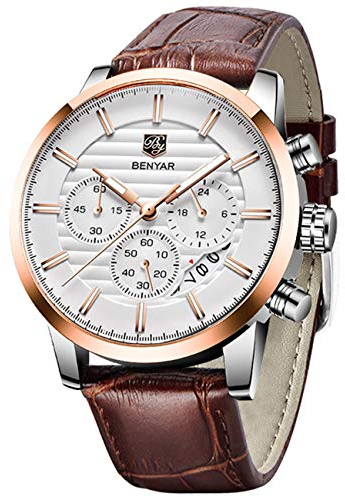 BY BENYAR Herrenuhr Mode Quarzwerk Armbanduhr Analog Chronograph Business Wasserdicht und Kratzfest Edelstahlarmband Freizeit Sportuhren für Herren